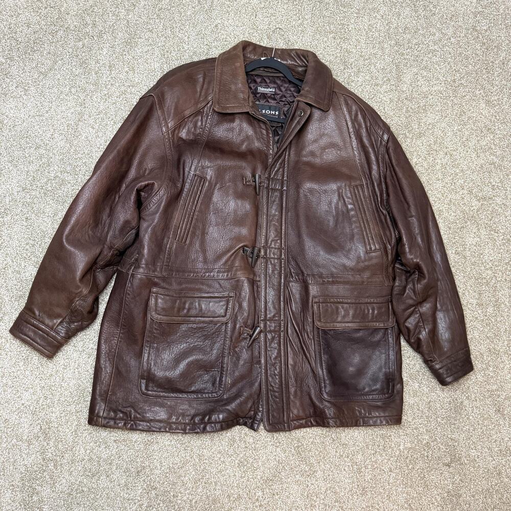 Vintage Wilsons Coat Mens XL Brown Quilted Leather Collared Lined Zip Pockets